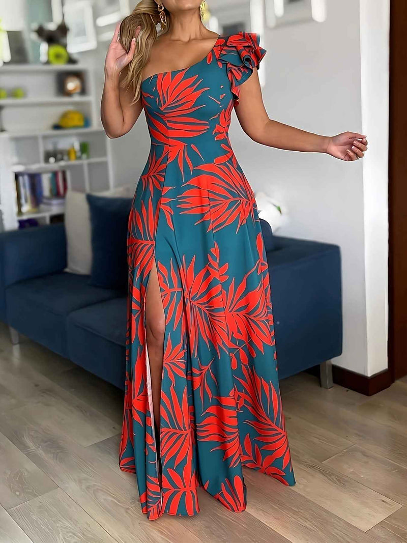 One Shoulder Tropical Print Maxi Dress for Women