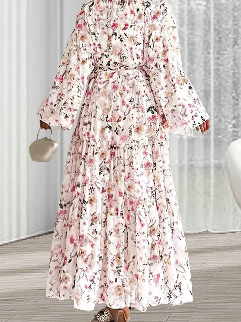 1pc Elegant Floral Print Long Dress with Peplum Hem