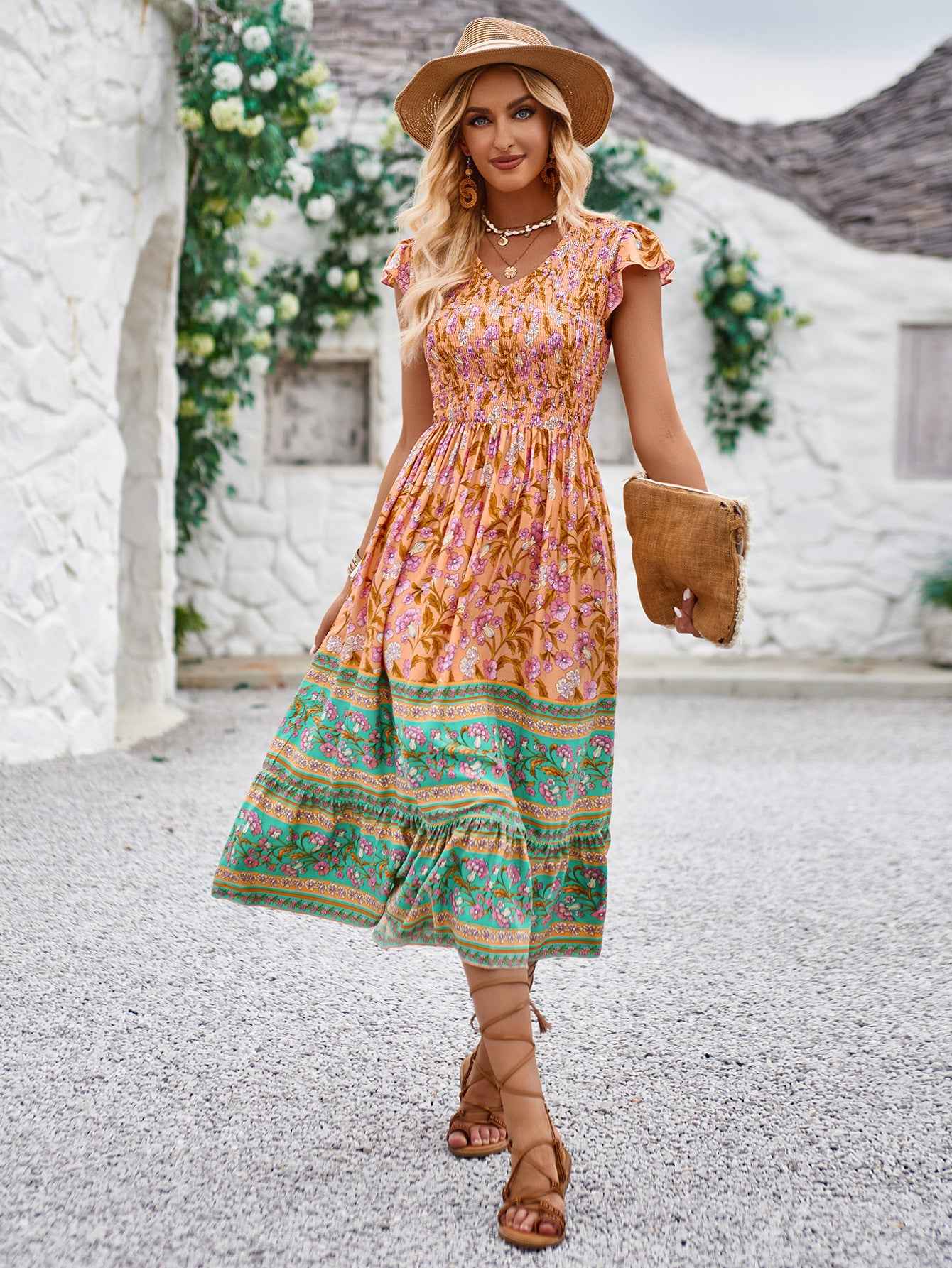 New Flowers Print V-neck Dress Summer