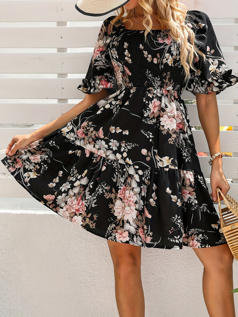 Floral Shirred Waist Square Neck Dress