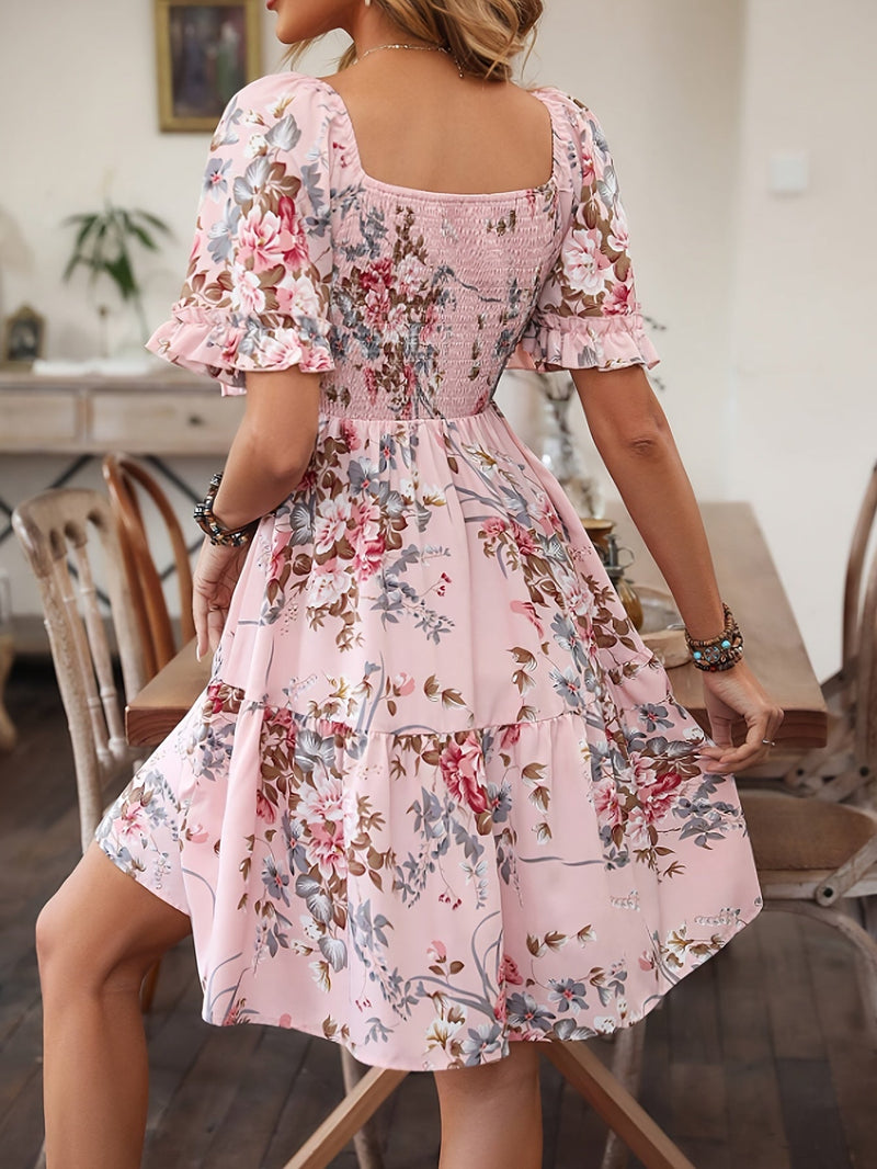 Floral Shirred Waist Square Neck Dress