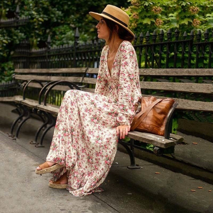 Bohemian V-Neck Long Dress for  Women, Floral Pattern, Ruffle Hem