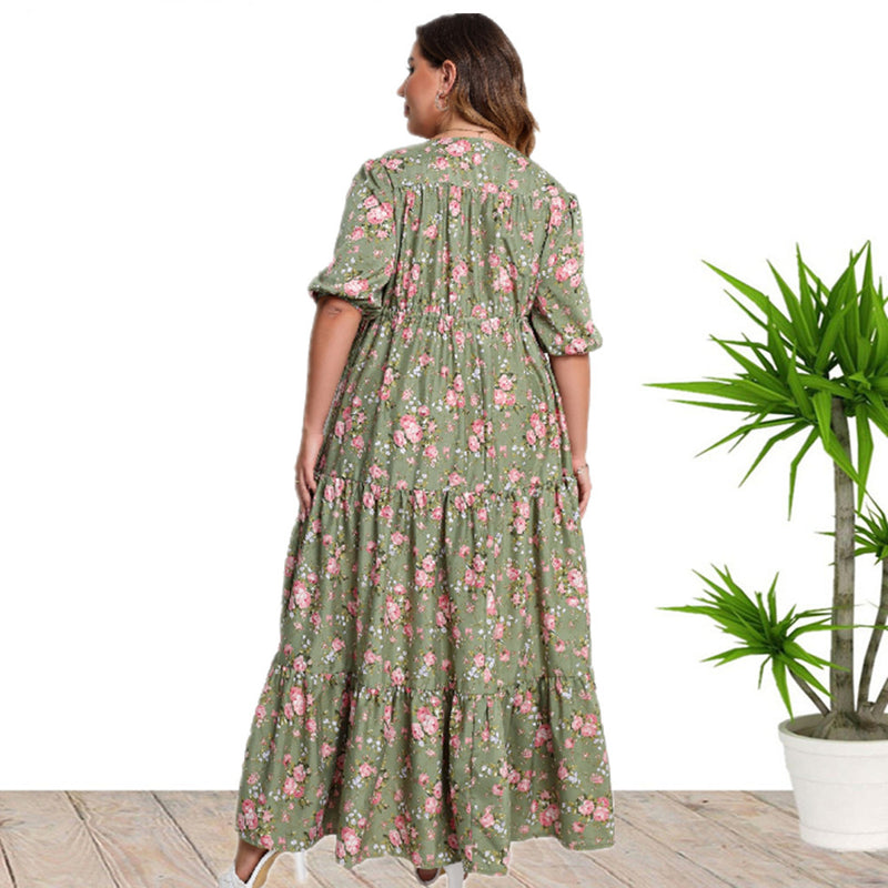 Plus Size Floral Print Tiered Dress, Casual V Neck Short Sleeve Slit Belted Dress