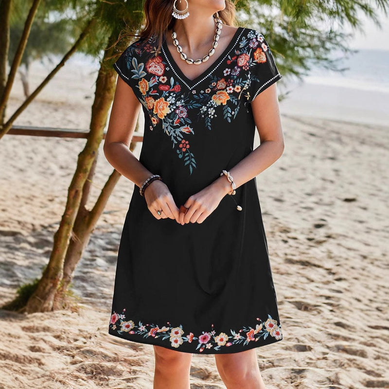 Chic Floral Print V-Neck Midi Dress for Women