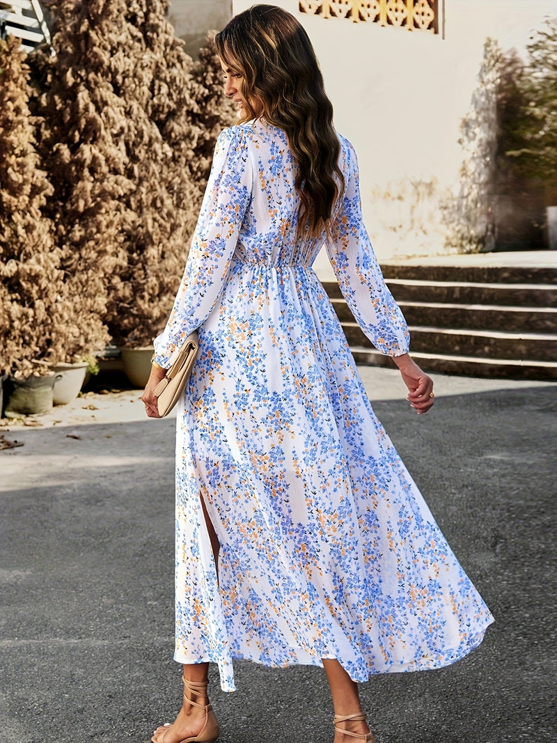 Print Chiffon Maxi Dress with Ruffle Hem & V-Neck