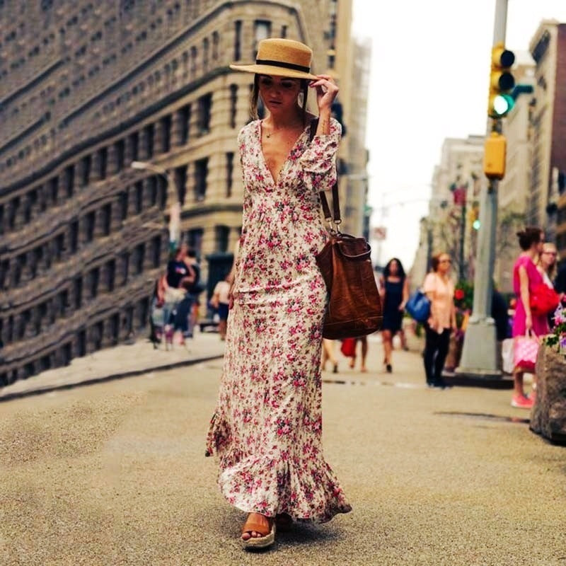 Bohemian V-Neck Long Dress for  Women, Floral Pattern, Ruffle Hem