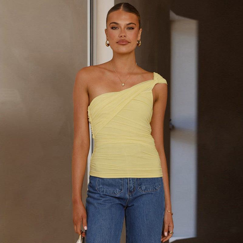 European And American Solid Color Shoulder Tie Mesh Vest T-shirt For Women