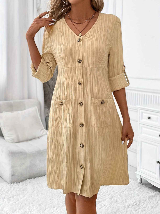 Elegant V-Neck Long Sleeve Dress with Pockets