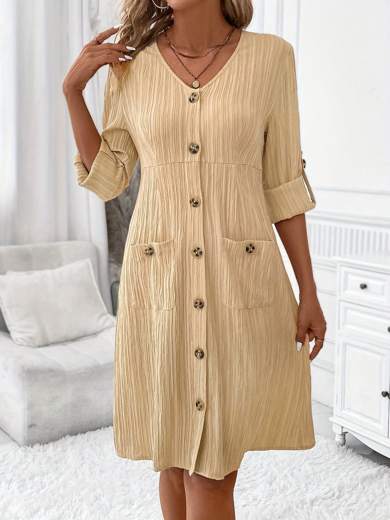 Elegant V-Neck Long Sleeve Dress with Pockets