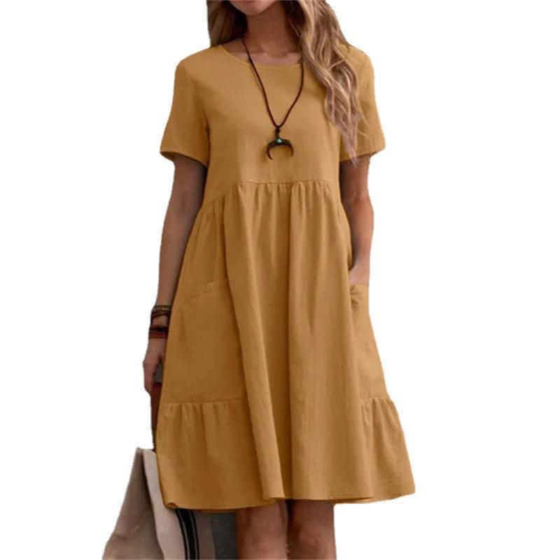 Solid Color Pleated Pocket Casual Round Neck Short Sleeve Dress