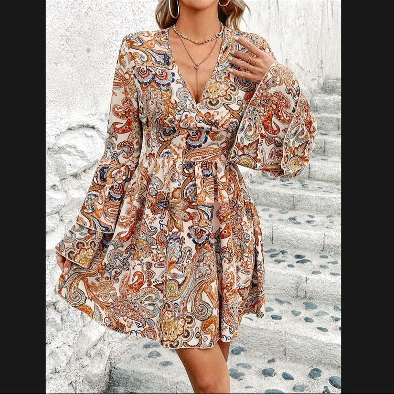 Paisley Print Tiered Flared Sleeve Dress, Boho V Neck A-line Dress