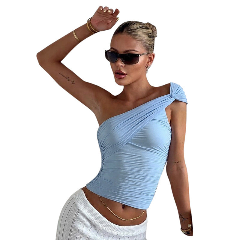 European And American Solid Color Shoulder Tie Mesh Vest T-shirt For Women