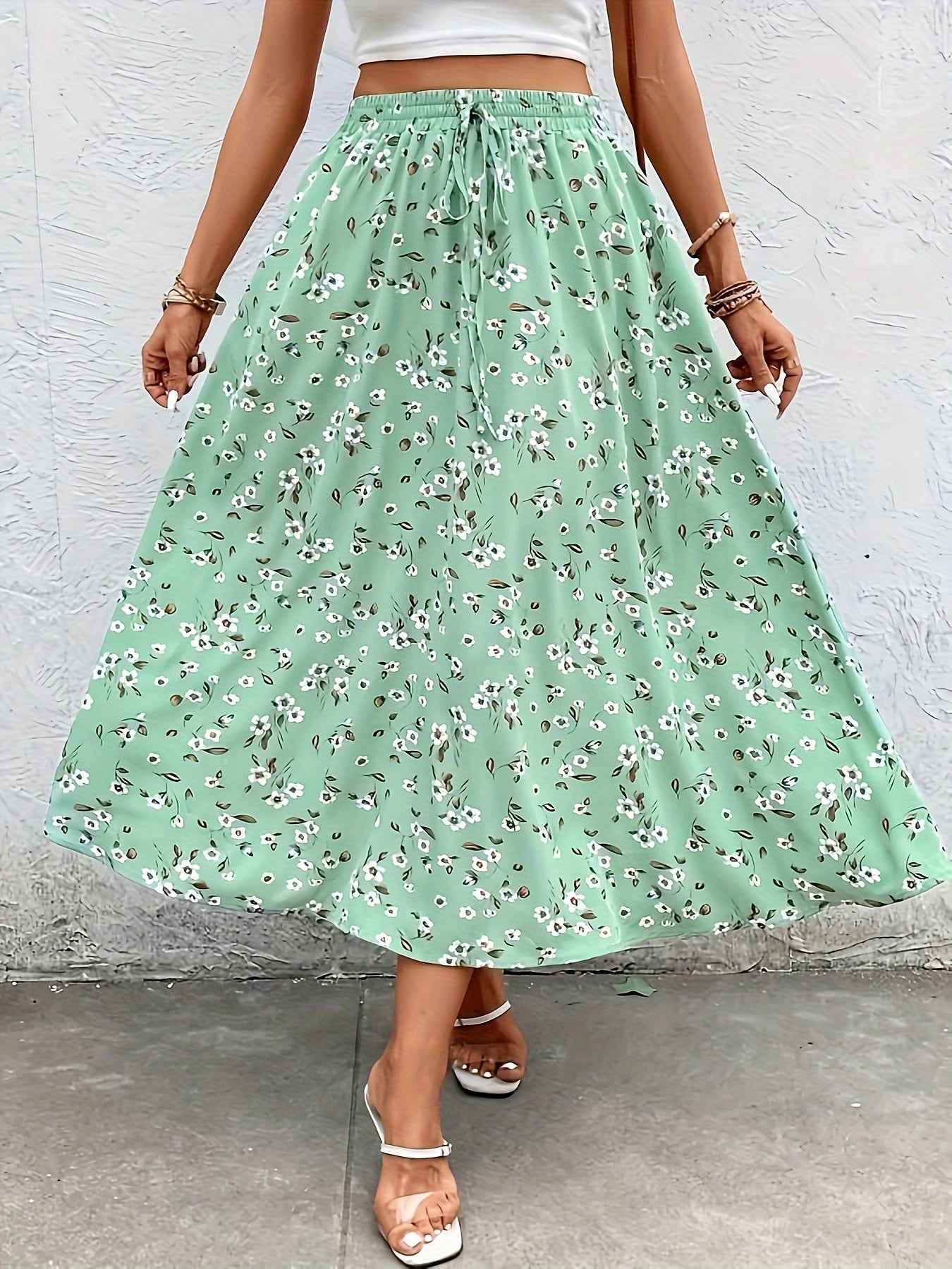 Elegant Midi A-line Skirt - Floral Print Elastic Waist