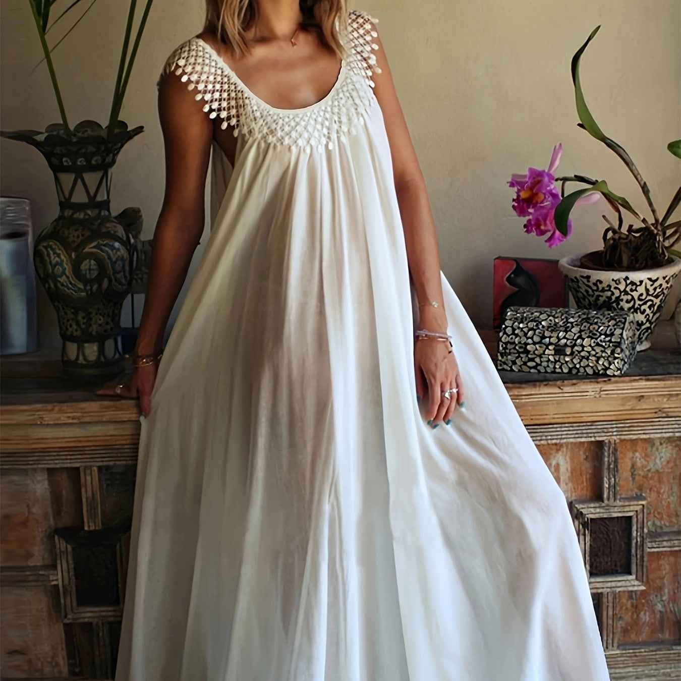 Plus Size Boho Dress, Women's Plus Contrast Lace Round Neck Slight Stretch Loose Fit Dress
