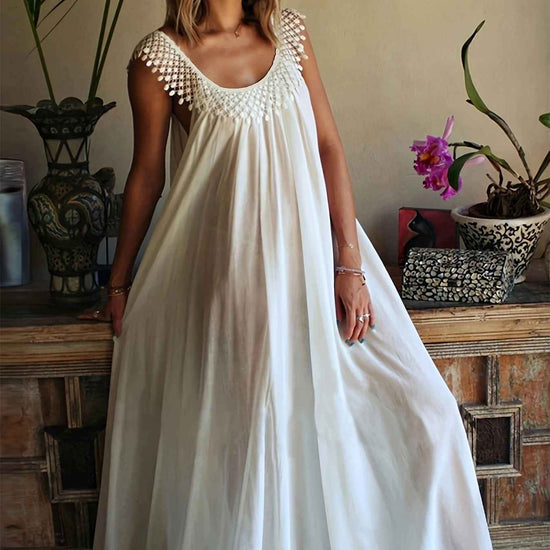 Plus Size Boho Dress, Women's Plus Contrast Lace Round Neck Slight Stretch Loose Fit Dress