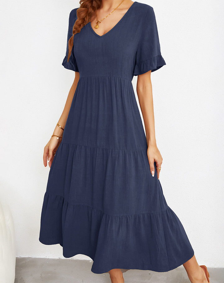 Plus Size Solid Tiered Swing Dress, Elegant Half Sleeve V Neck Dress