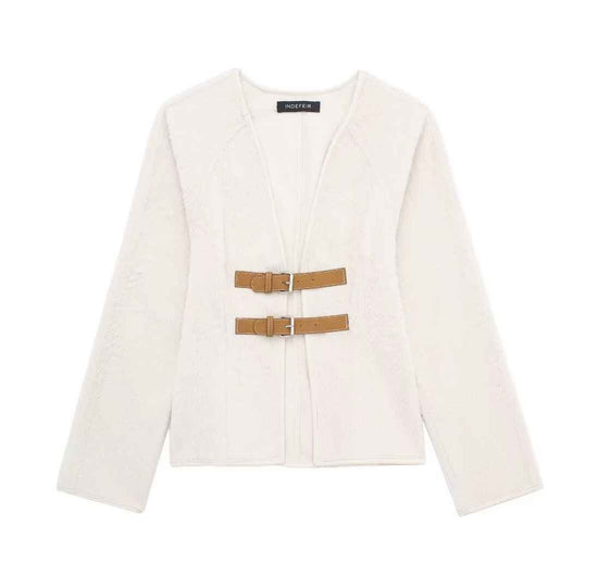 European Retro Leather Buckle Woolen Coat