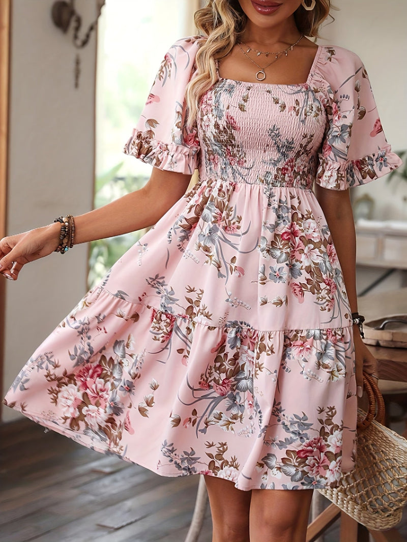 Floral Shirred Waist Square Neck Dress