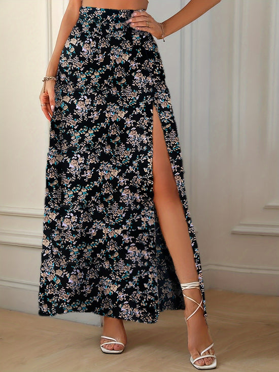 Elegant Floral Print High-Waisted Skirt with Side Slit
