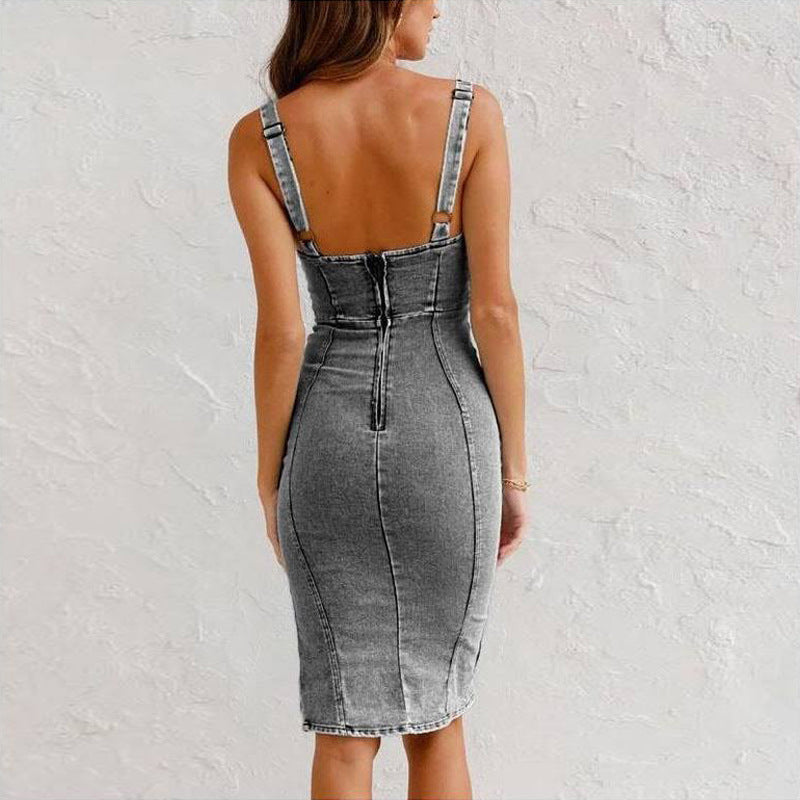 New U-neck Suspender Denim Dress