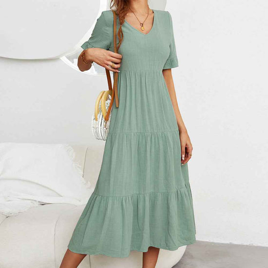 Plus Size Solid Tiered Swing Dress, Elegant Half Sleeve V Neck Dress