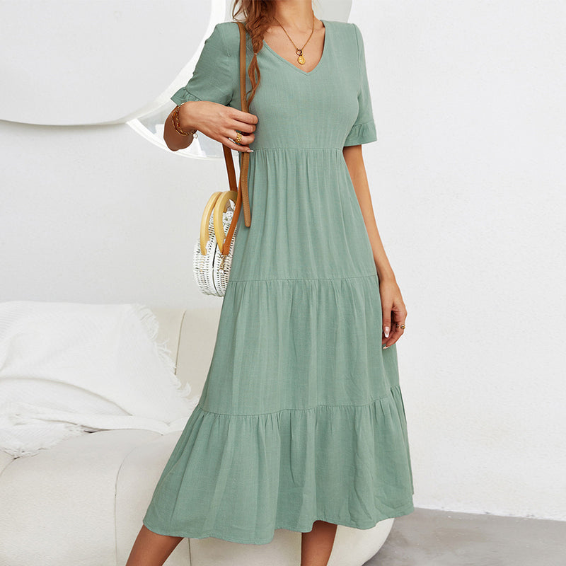 Plus Size Solid Tiered Swing Dress, Elegant Half Sleeve V Neck Dress