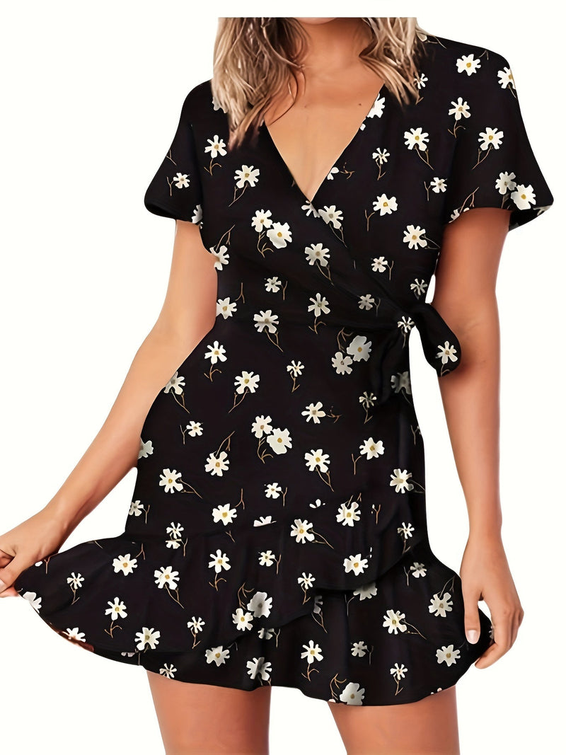 Floral Wrap Dress with Tie Waist & Ruffle Hem