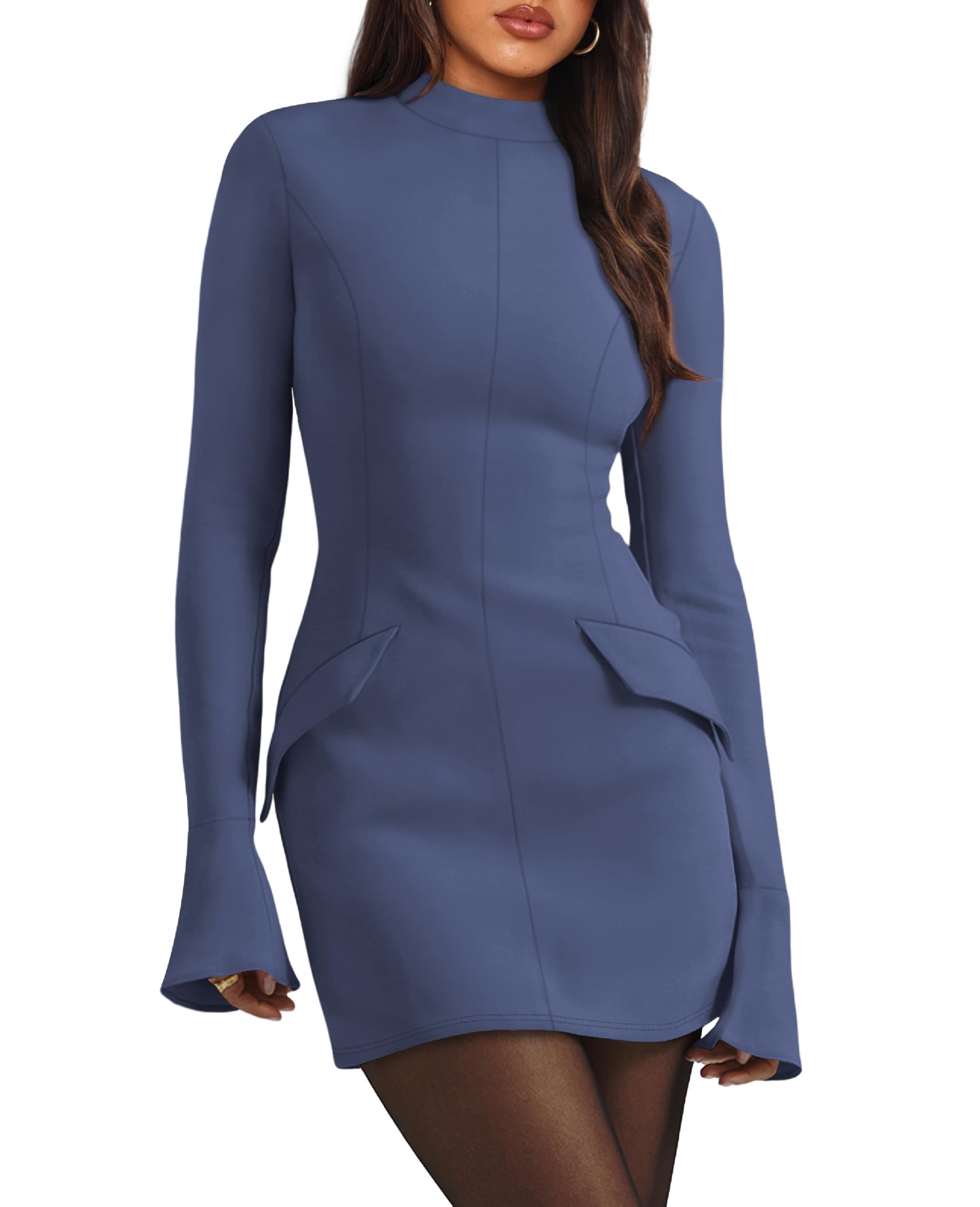 OFEEFAN Women's Fall Long Sleeve Mock Neck Dress Basic Party Club Bodycon Mini Dresses