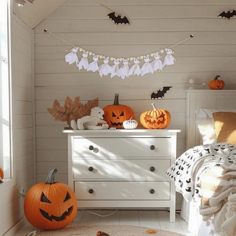 7Ft Halloween Ghost Garland with Wooden Beads