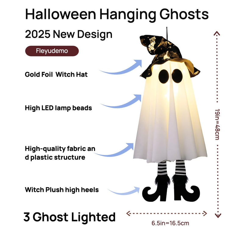 3-Pack Light-Up Hanging Halloween Ghosts with Witch Hats
