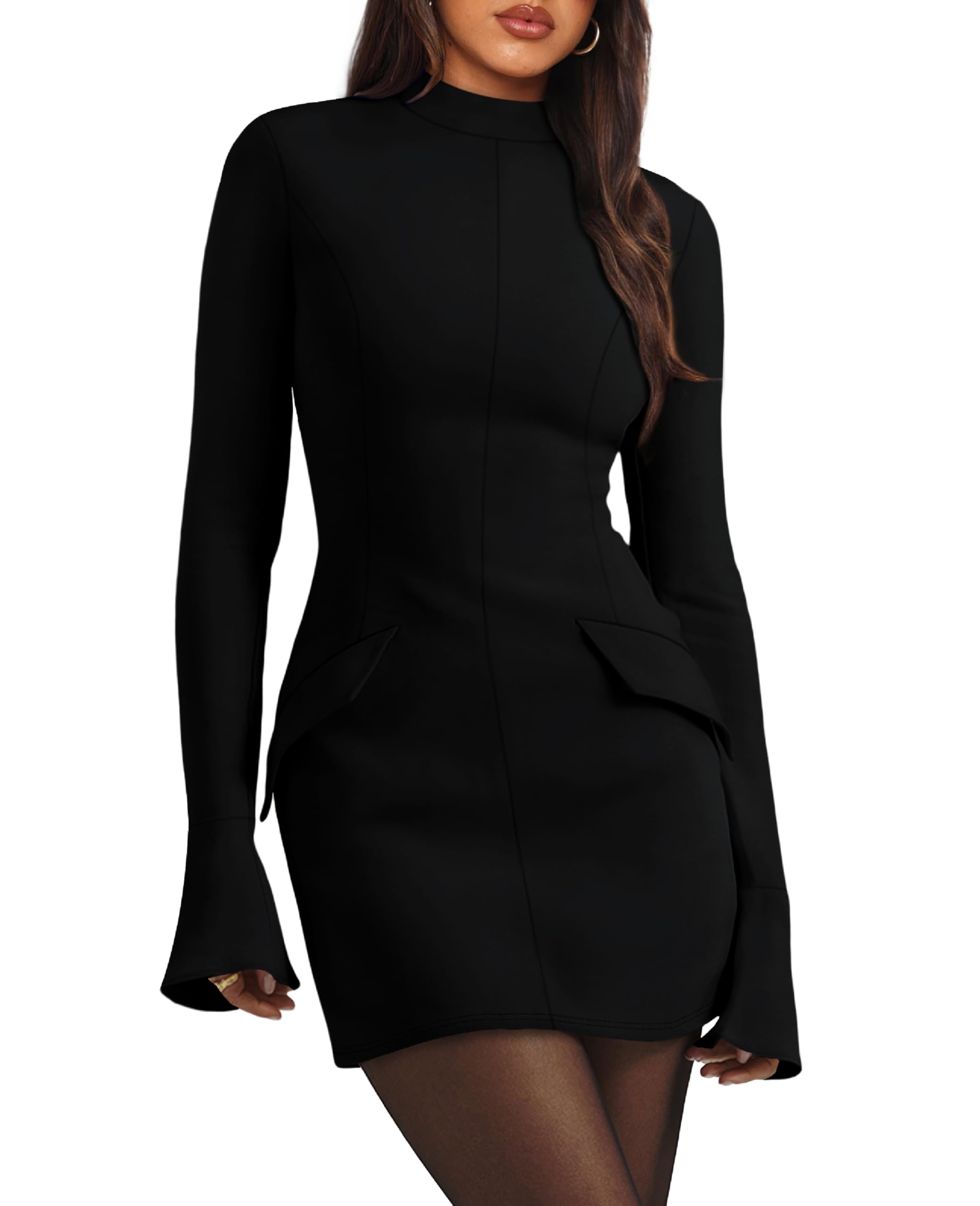 OFEEFAN Women's Fall Long Sleeve Mock Neck Dress Basic Party Club Bodycon Mini Dresses