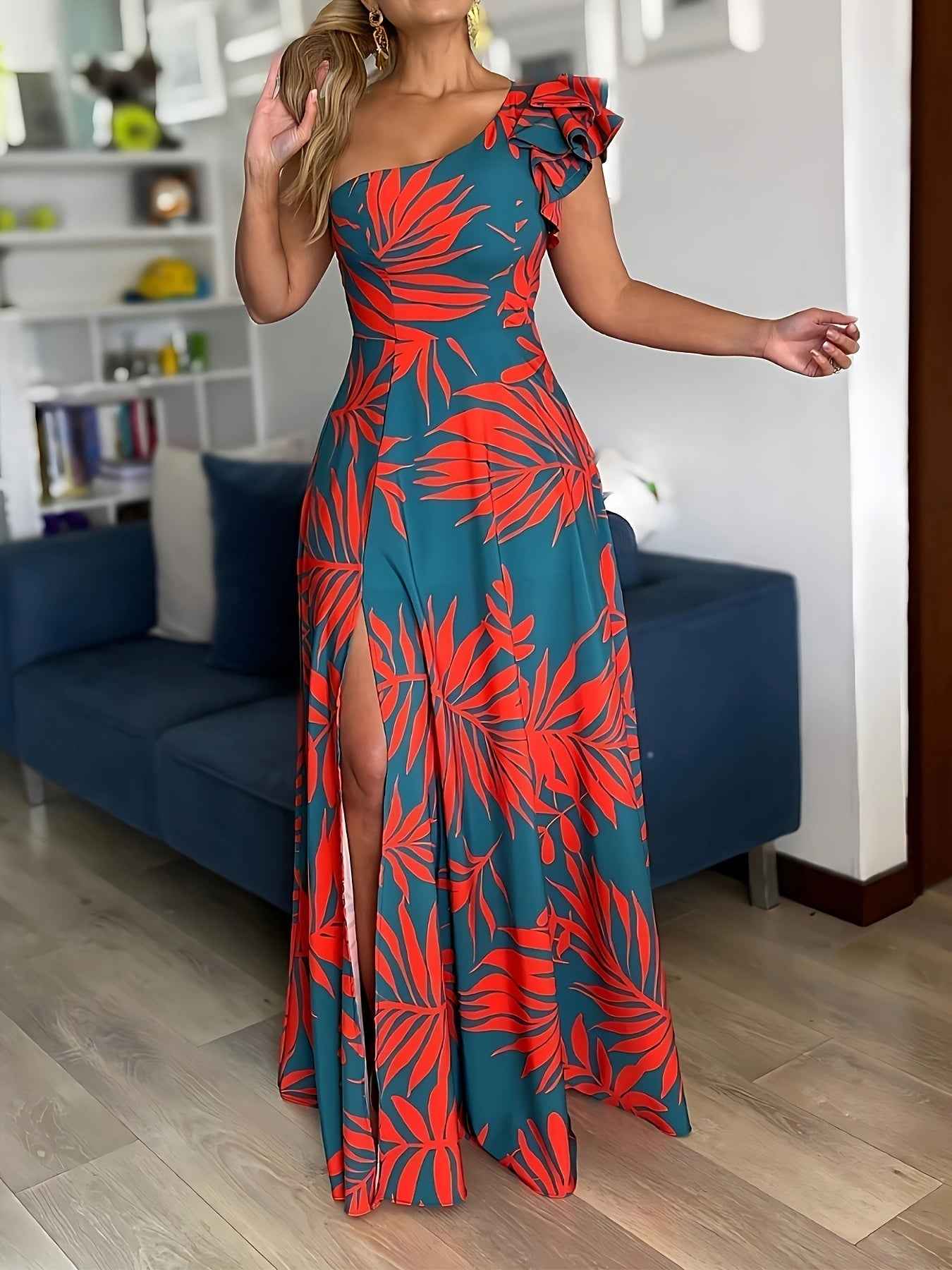 One Shoulder Tropical Print Maxi Dress for Women
