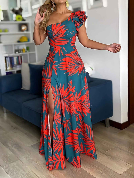 One Shoulder Tropical Print Maxi Dress for Women
