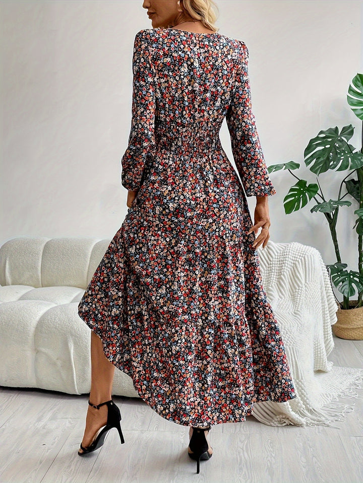 Floral Print V-Neck Long Sleeve Casual Dress for Women