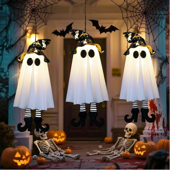 3-Pack Light-Up Hanging Halloween Ghosts with Witch Hats