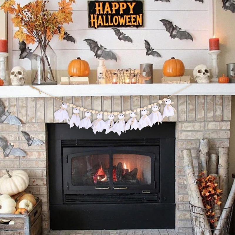 7Ft Halloween Ghost Garland with Wooden Beads