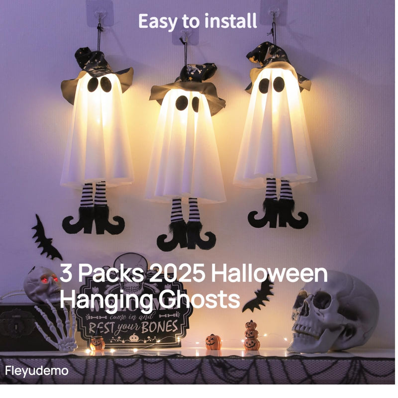 3-Pack Light-Up Hanging Halloween Ghosts with Witch Hats