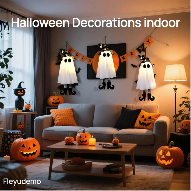 3-Pack Light-Up Hanging Halloween Ghosts with Witch Hats