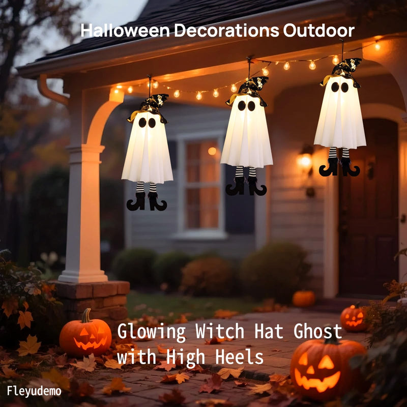 3-Pack Light-Up Hanging Halloween Ghosts with Witch Hats