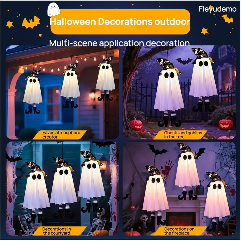 3-Pack Light-Up Hanging Halloween Ghosts with Witch Hats