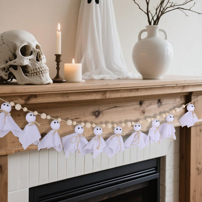 7Ft Halloween Ghost Garland with Wooden Beads