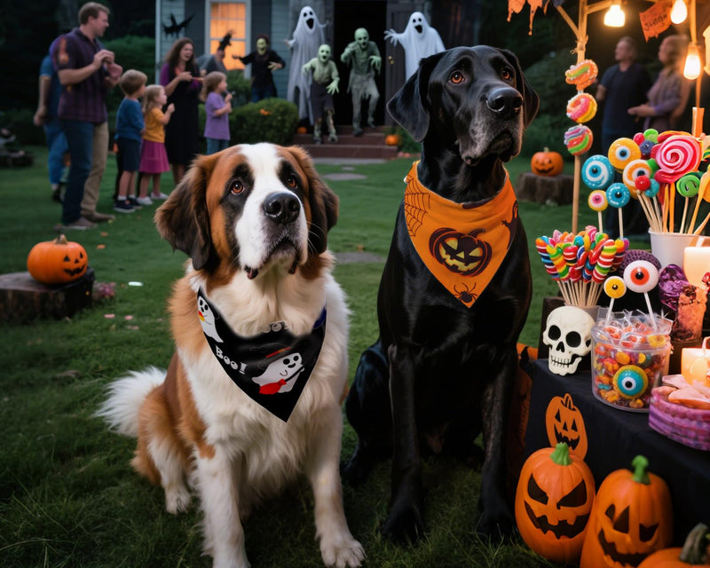 2pcs Reversible Pumpkin & Ghost Scarves for Medium/Large Dogs