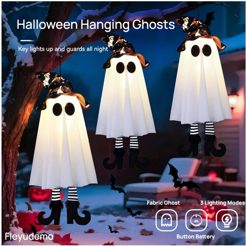 3-Pack Light-Up Hanging Halloween Ghosts with Witch Hats