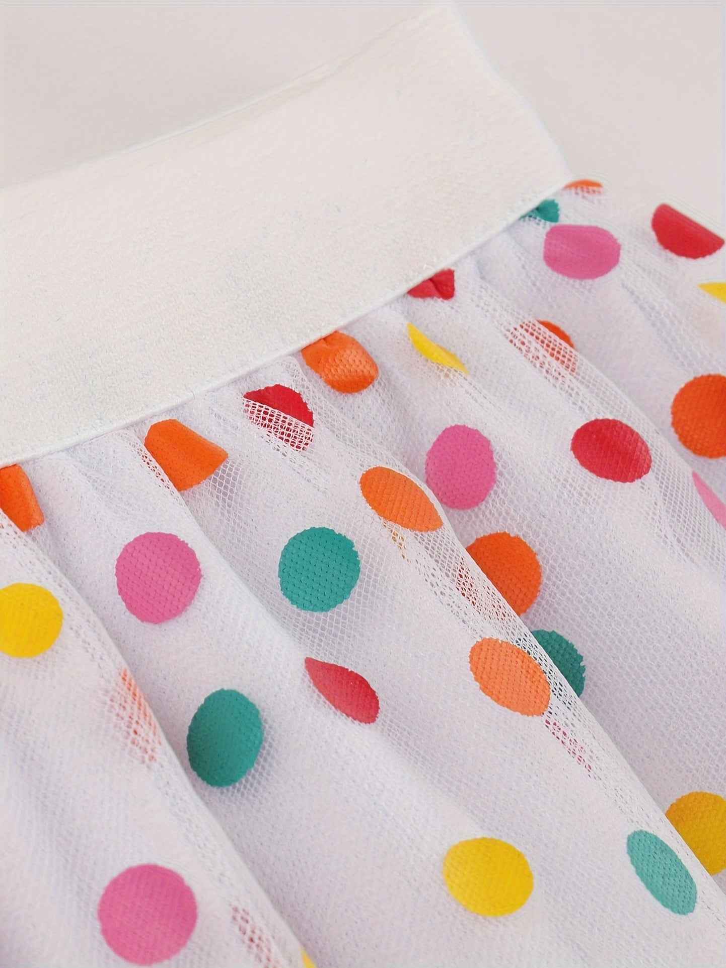 Elegant White Tulle Skirt with Colorful Polka Dot Mesh Overlay