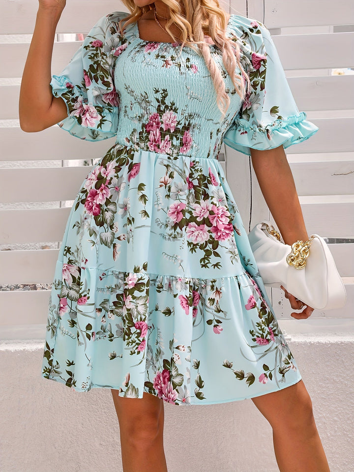 Floral Shirred Waist Square Neck Dress