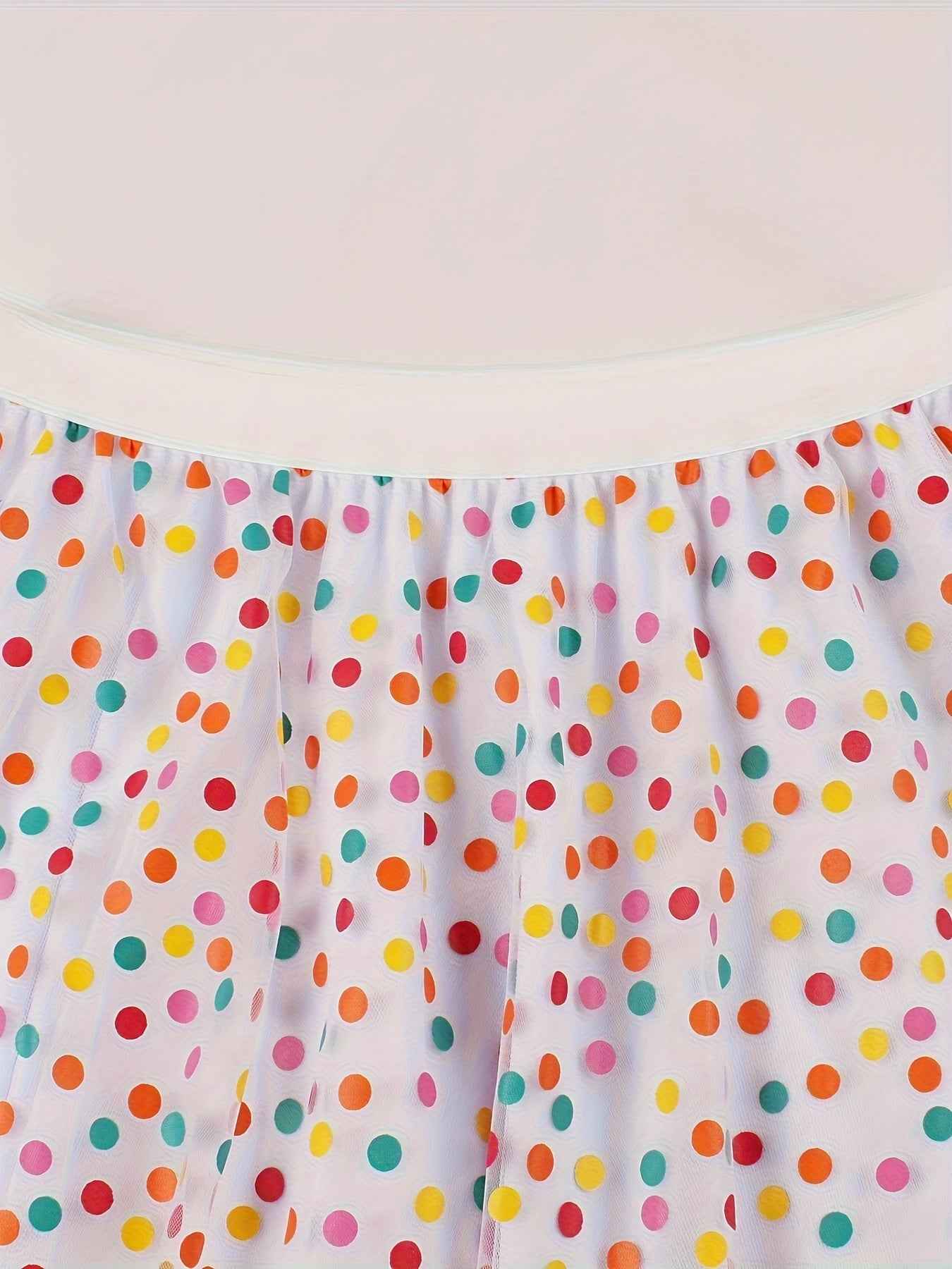 Elegant White Tulle Skirt with Colorful Polka Dot Mesh Overlay