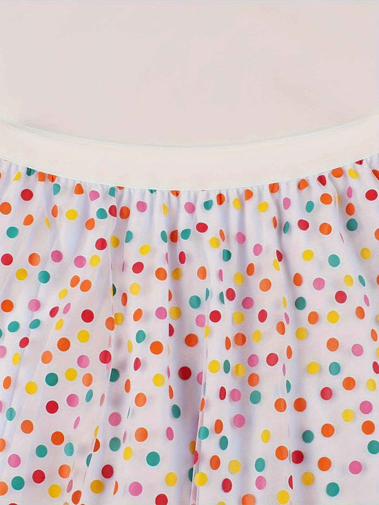Elegant White Tulle Skirt with Colorful Polka Dot Mesh Overlay