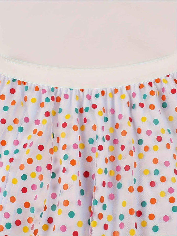 Elegant White Tulle Skirt with Colorful Polka Dot Mesh Overlay
