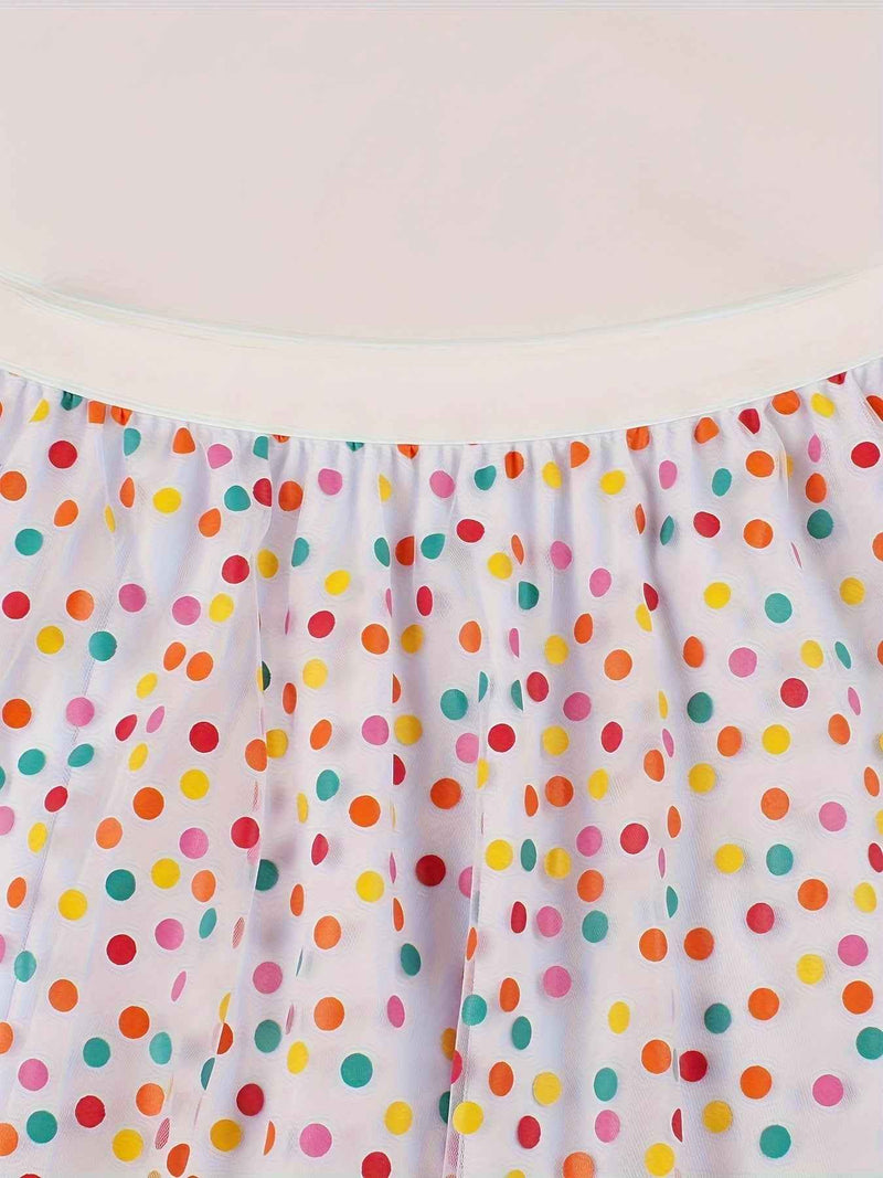 Elegant White Tulle Skirt with Colorful Polka Dot Mesh Overlay