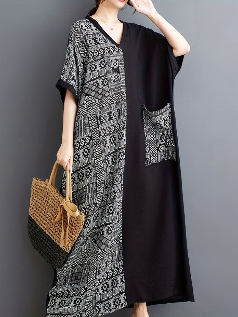 Bohemian V-Neck Plus Size Dress with Geometric Pattern and Pocket Detail,